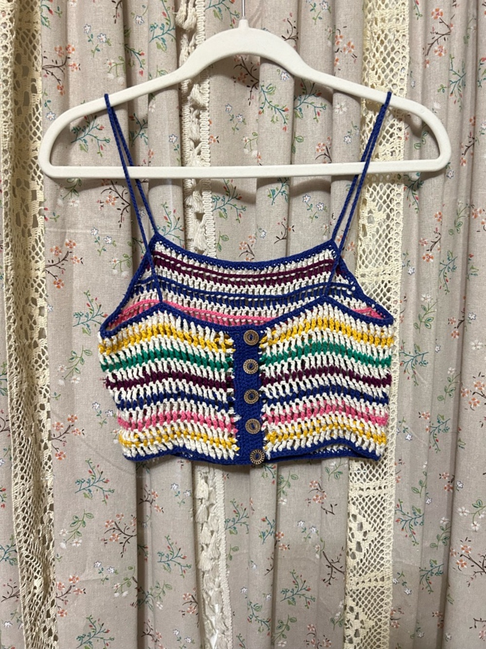 3/$30 Crochet Striped Button-Back Cami Tank Boho Small EUC
